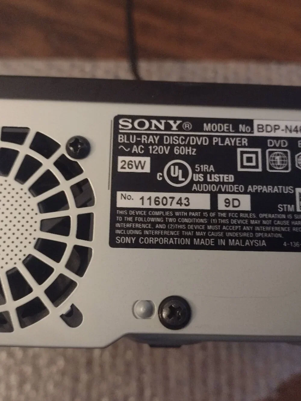 Sony Blu Ray DVD disc player Avchd HDMI N460 1160743 model